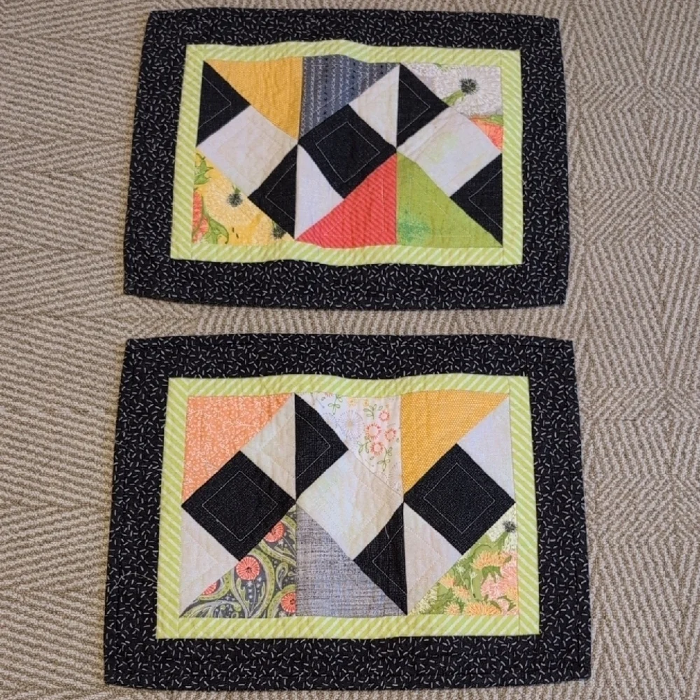 Handmade Bright Quilted Placemat & Table Runner Set Coral Lime Green Black
